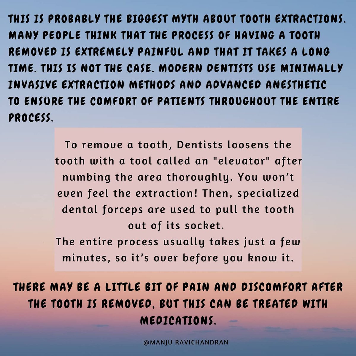 Manjuu1802's tweet photo. A myth people believe is that a #toothextraction is #painful.
 #oralandmaxillofacialsurgery #extractions #toothdecay #fear #myths #dentistryworld #dentalfacts #oralhygiene #dentalhygienist #anesthesiologist #anesthesia #dentaloffice #dentalclinic #doctors #drmanjuravichandran https://t.co/SwkMvGkpw9