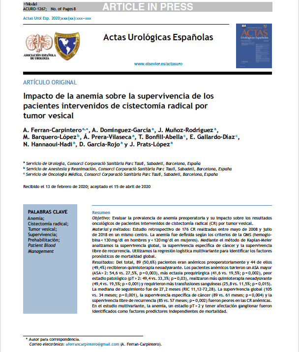 ADominguez_Uro's tweet photo. Nuevo #articleinpress de @UroTauli en @actasurologicas

Impacto de la anemia preoperatoria en la cistectomía:

1.  Prevalencia: 50.6%.
2. Se asoció a peor estadio, OS, CSS y RFS.
3. Peor respuesta a la quimioterapia neoadyuvante.

Link aquí:
https://t.co/aUDtLtWNqd https://t.co/MJCdqVTigl