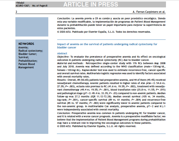 ADominguez_Uro's tweet photo. Nuevo #articleinpress de @UroTauli en @actasurologicas

Impacto de la anemia preoperatoria en la cistectomía:

1.  Prevalencia: 50.6%.
2. Se asoció a peor estadio, OS, CSS y RFS.
3. Peor respuesta a la quimioterapia neoadyuvante.

Link aquí:
https://t.co/aUDtLtWNqd https://t.co/MJCdqVTigl