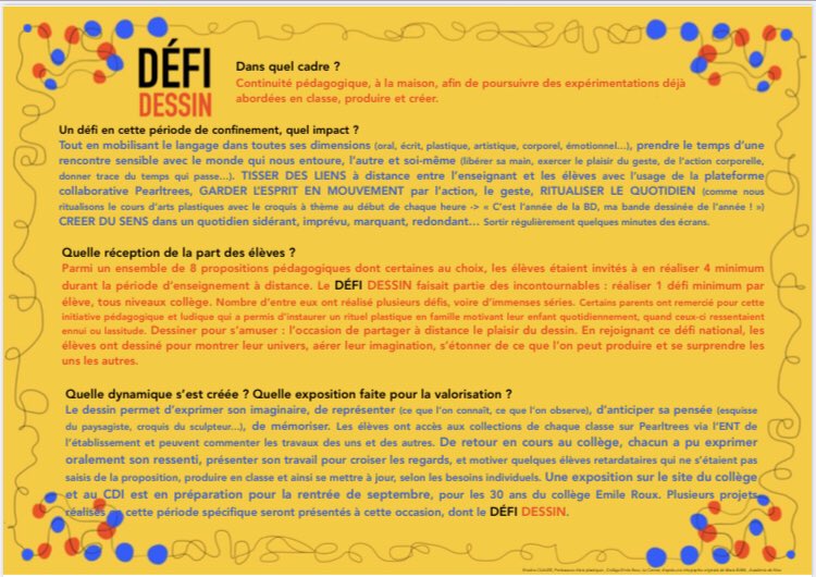 JR_Arts_06's tweet photo. #ArtsPlastiques Revenons pour analyse sur #DefiDessin qui a très bien fonctionné avec nos élèves pdt le confinement et voyons impact, réception, dynamique créée et valorisations faites/merci Emeline Claude pour ce retour synthétique et inspirant @igartsplastique @Ig_EAC_PhGalais https://t.co/wEl5KeqPGQ