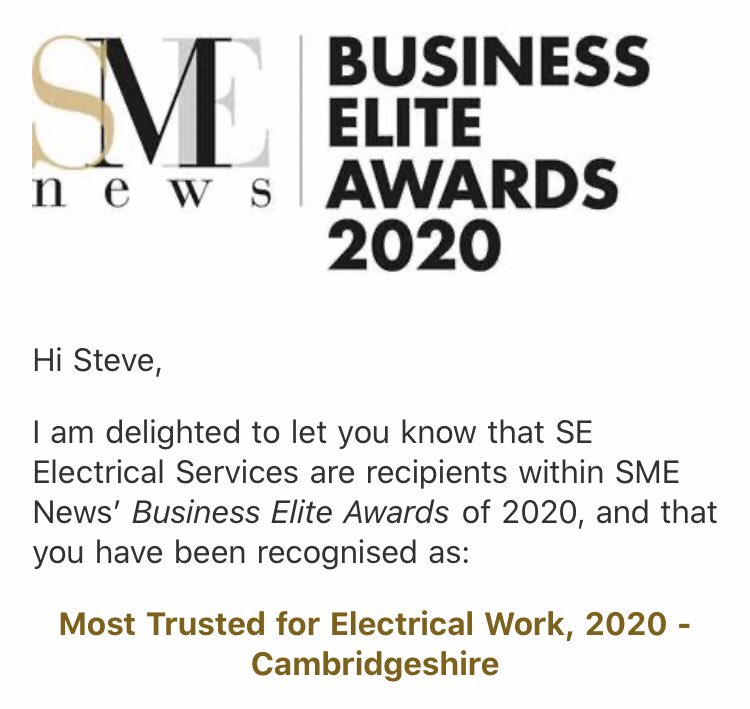 ElyElectrician's tweet photo. We are very excited to announce that we are the winner of ‘Most Trusted for Electrical Work in Cambridgeshire’ in the SME New’s Business Elite Awards of 2020. 
#SMEnews #Business #Award #BusinessAward #BusinessElite
#Ely #Cambridgeshire #Cambridge #Cambs #Winner 
#Electrician https://t.co/vASwks6aNh
