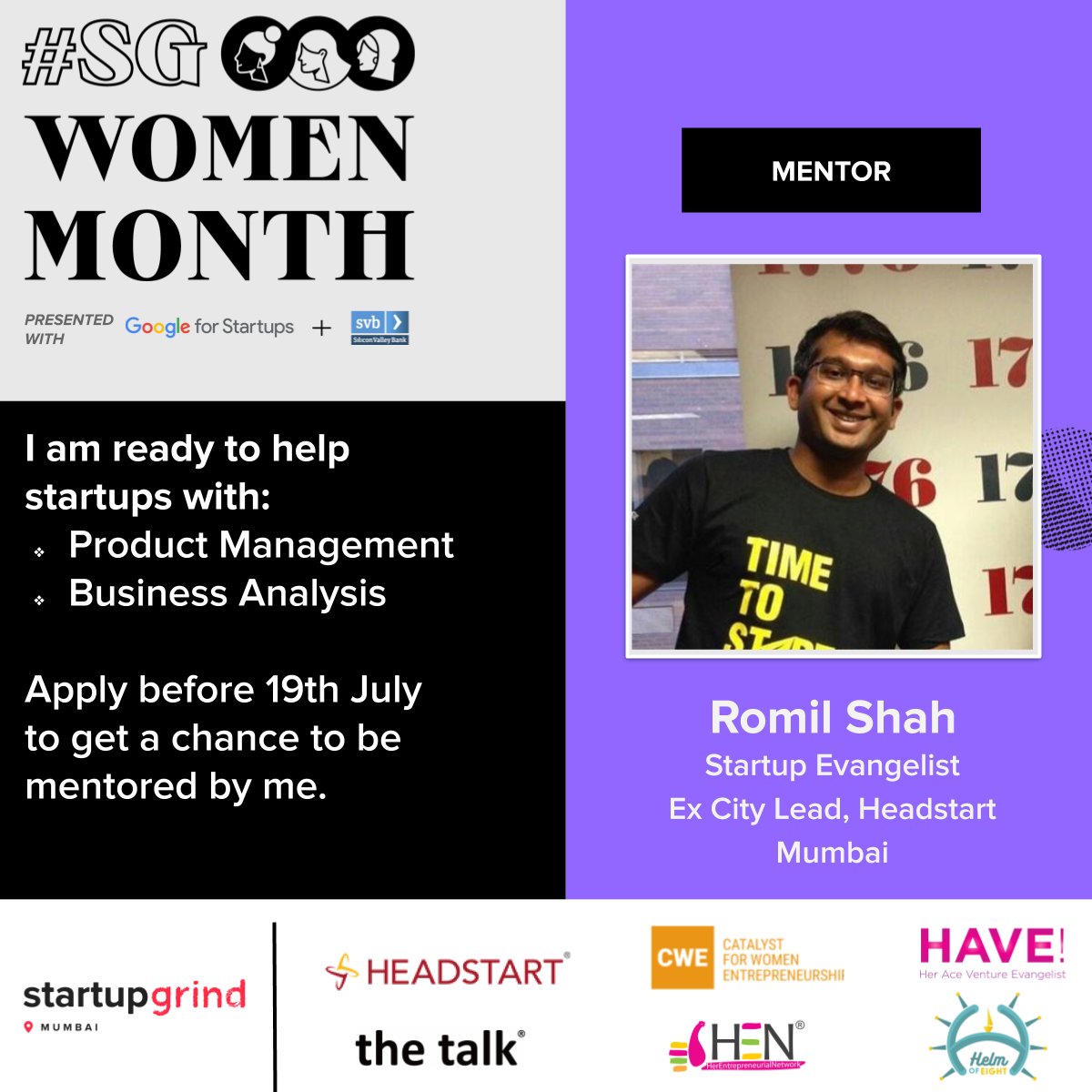#SGWomenMentors #SGWomen

Romil Shah (<a href="/ROMEEL_SHAH/">ROMIL SHAH</a>) - a Startup Evangelist who has been passionate towards the growth of the Mumbai startup ecosystem since the last 10 years.