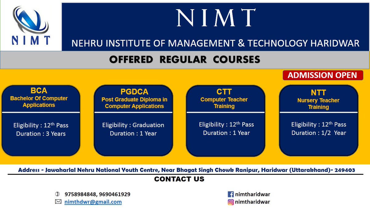 NimtHaridwar's tweet image. #Nimt #admissionopen2020 #regularcourses
Admission Open Session-2020