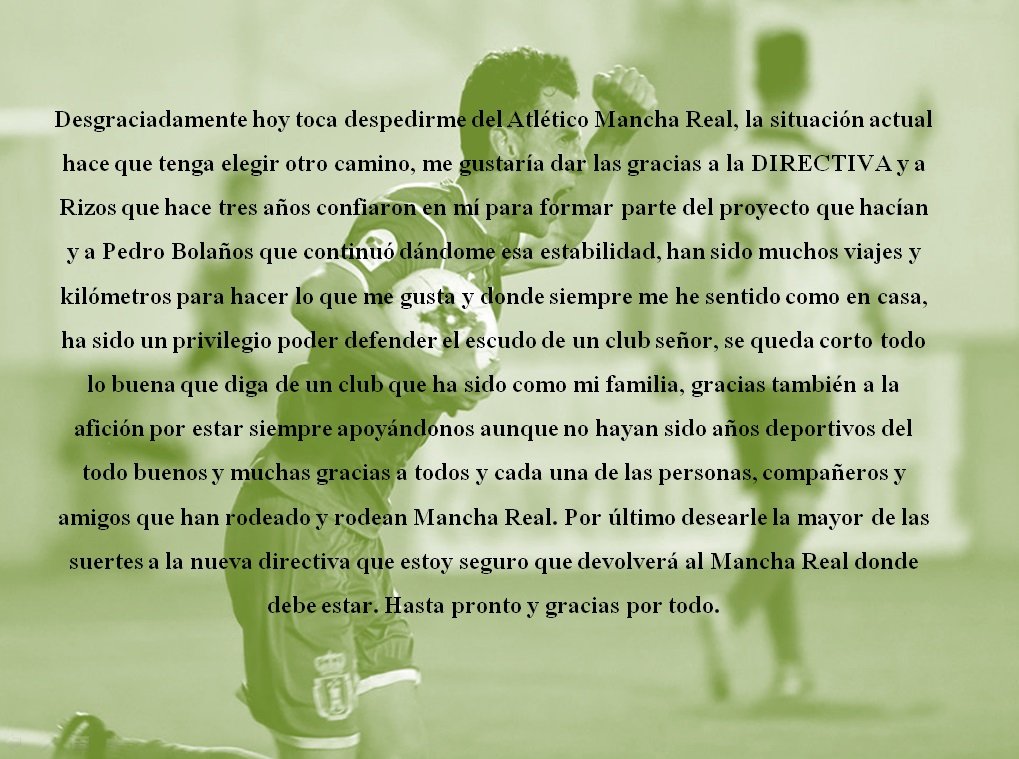 Eternamente agradecido al <a href="/atmanchareal/">Atlético Mancha Real</a> <a href="/13RIZOS/">Manuel Moreno 'Rizos'</a> <a href="/PedroBolanos23/">PEDRO BOLAÑOS</a>