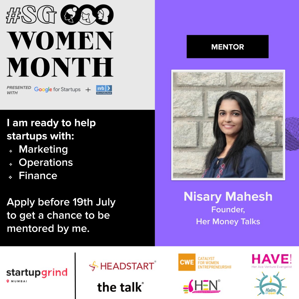 #SGWomenMentors #SGWomen

Nisary M - a former banker-turned-writer, and entrepreneur with over 18 years of industry experience. A Mentor at various women and startup platforms. 10+ years in communications, branding, &amp; new media strategy.