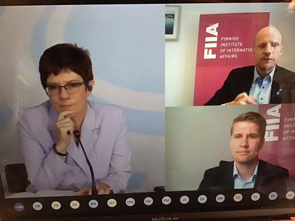 SaksaDiplo's tweet photo. #FIIASEM great thanks to @FIIA_fi and 🇩🇪 Federal Minister of Defence @akk for a very interesting and fruitful webinar! Thanks to all the participants and the exciting Q&A session! 🇪🇺#EU2020DE 🇫🇮🤝🇩🇪 https://t.co/QKGZ057OJZ