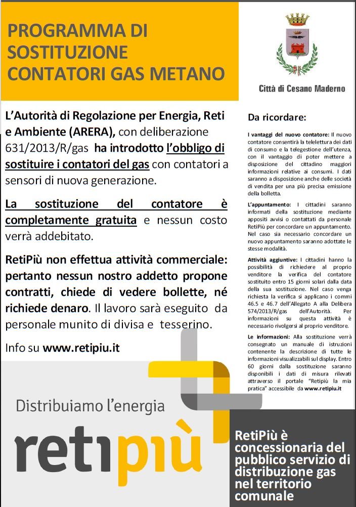 RetiPiu_'s tweet photo. dal #6luglio @RetiPiu_ , concessionaria del pubblico servizio di distribuzione gas in città, parte con la campagna di sostituzione massiva #contatori #gas nel Comune di #CesanoMaderno @ComuneCesanoM 
Qui i dettagli https://t.co/hdZjhIXoG1