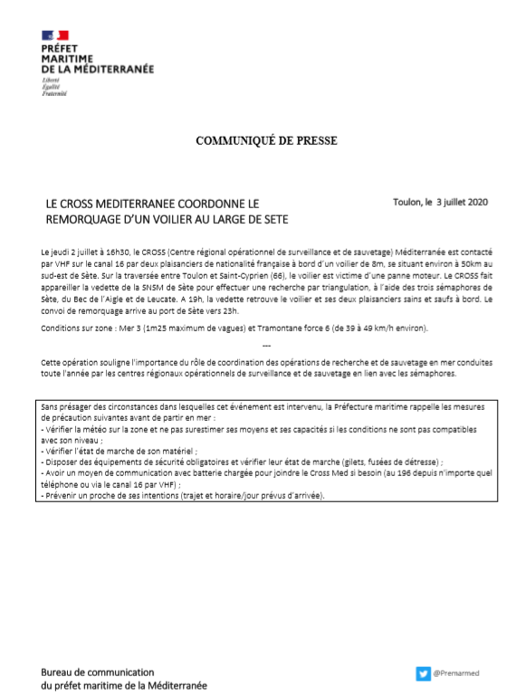 [#CommuniquéDePresse]Coordination par le #CrossMed d'une opération d'assistance d'un voilier en panne moteur au large de Sète par <a href="/SauveteursenMer/">SNSM</a> de <a href="/villedesete/">Ville de Sète</a>.