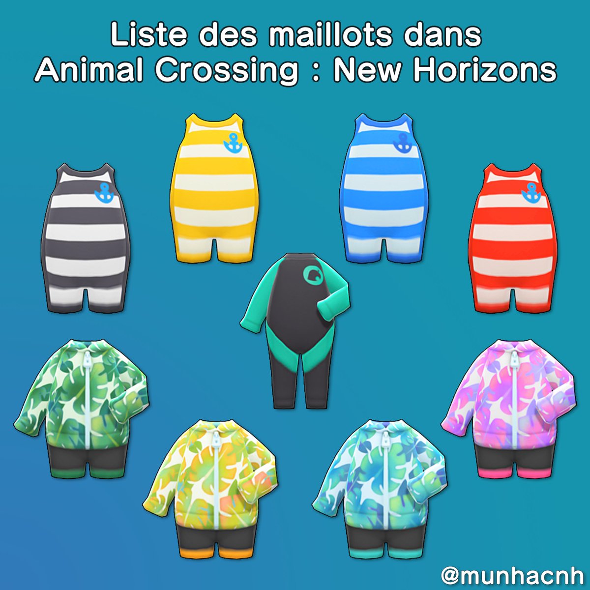 mwunh_'s tweet photo. INFO #ACNH 
Voici à quoi ressemblent les maillots disponibles depuis la mise à jour 1.3.0 ! https://t.co/V8MWYRJFtb