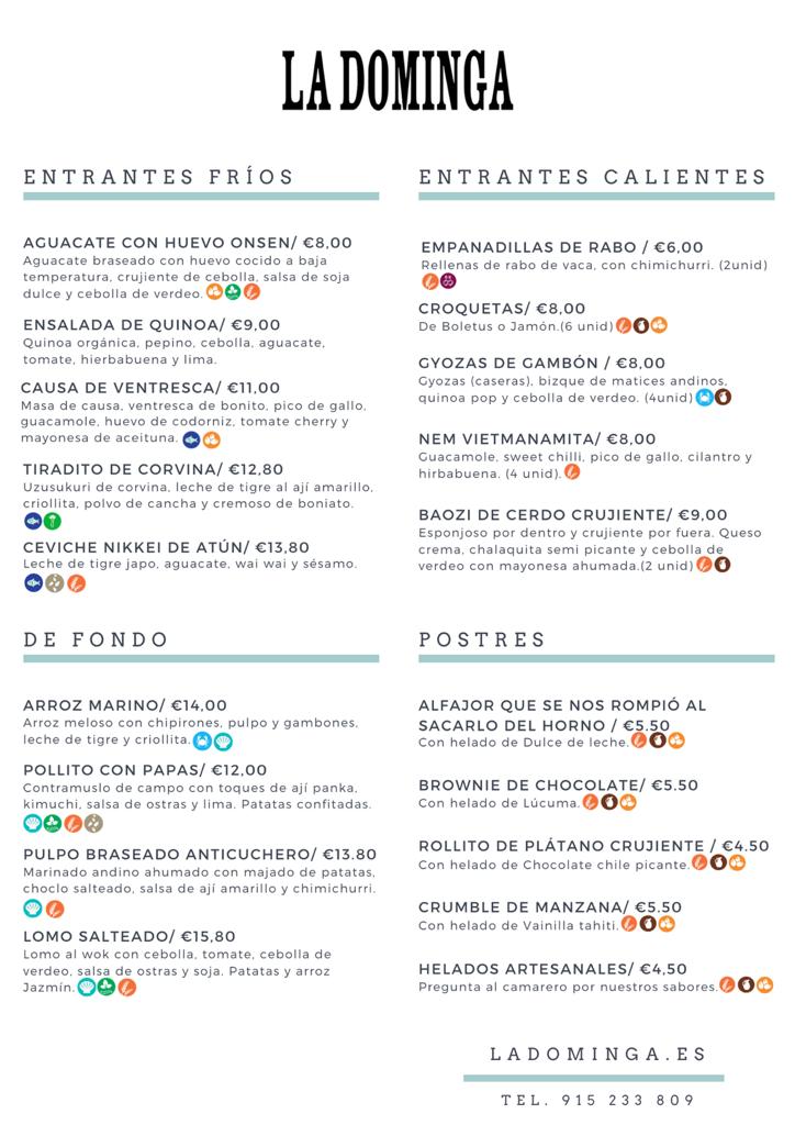 ¡Tenemos nueva carta y nuevos horarios de verano en #LaDominga! 👏👏👏

⏰ L a J: 19.30 h a 00.30 h
⏰ V y S: 13.30 h a 02.30 h
⏰ D: 19:00 h a 00:00 h

Reserva en el 👉👉 915 23 38 09 o en ladominga.es.