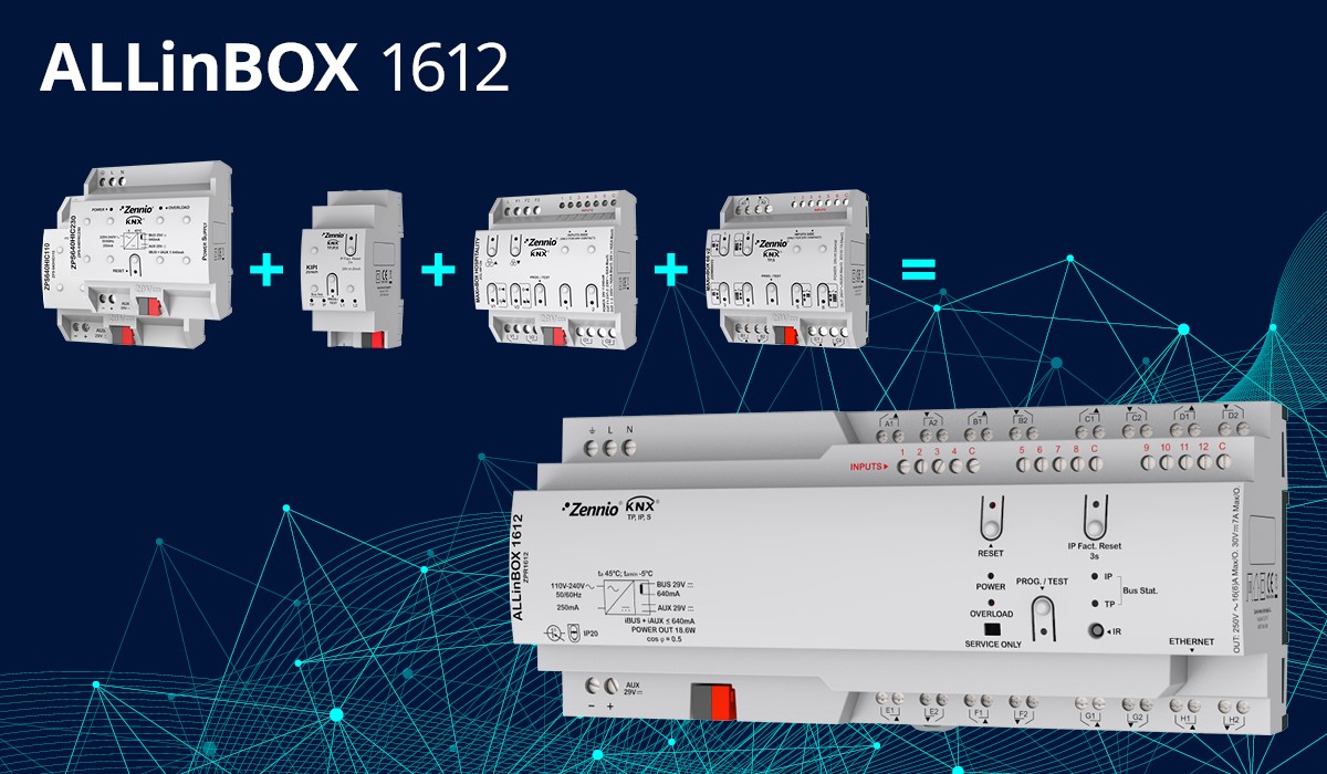 Le ALLinBOX 1612 est arrivé ! Dispositif multifonction TOUT EN UN, avec tout le nécessaire: Source d'alimentation + Interface KNX-IP + 12 entrées analogiques-numériques + 16 sorties (16 A C-Load) configurables. zennio.com/produits/clima…