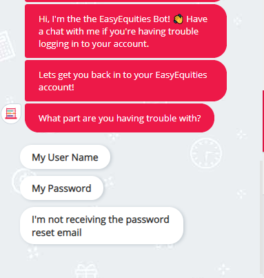 Leon_WayWay's tweet image. Forgot your login details? Some legendary work by @LucasHerrick1  to make getting into your @EasyEquities account, faster and simpler. Our #Bot is here to help #ForgotUserName #ForgotPassword