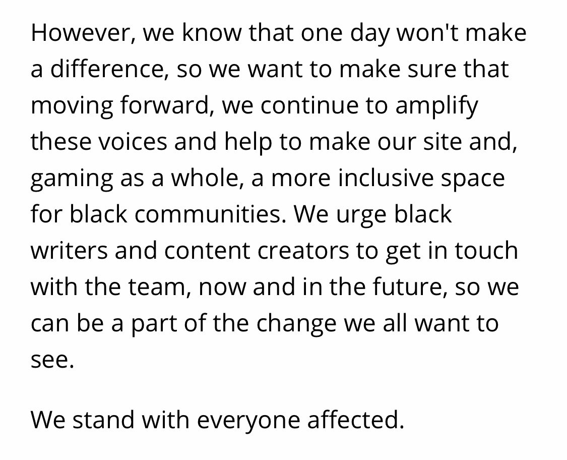 . @GamesRadar put out a statement calling on Black writers and content creators to get in touch. You can read that here:  https://www.gamesradar.com/uk/black-lives-matter/ @apacherose3 has her DMs open for anyone who wants to chat about pitching