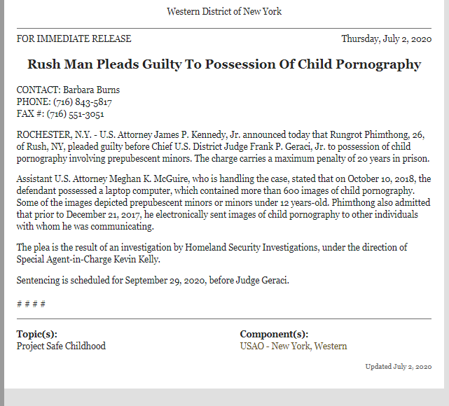  #Justice ROCHESTER,NYMan PLEADS To Possession Of Child Pornography GUILTY  #CSE  Rungrot Phimthong, 26, Rush,NY #ChildPredator  #CrimesAgainstChildren WDNY HSI @POTUS  @TraffickStop  https://tinyurl.com/yamhv3cy&nbsp;