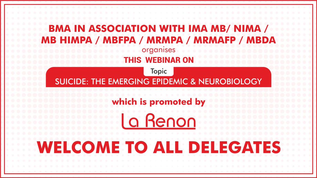 Webinar
Topic : suicide the Emerging Epidemic
               Neurobiology of suicide

Speaker: Dr.Danish shakeb
                     Dr.Siddhart warrier
Moderator: Dr.manoj pandey
                            Dr.chirag shah