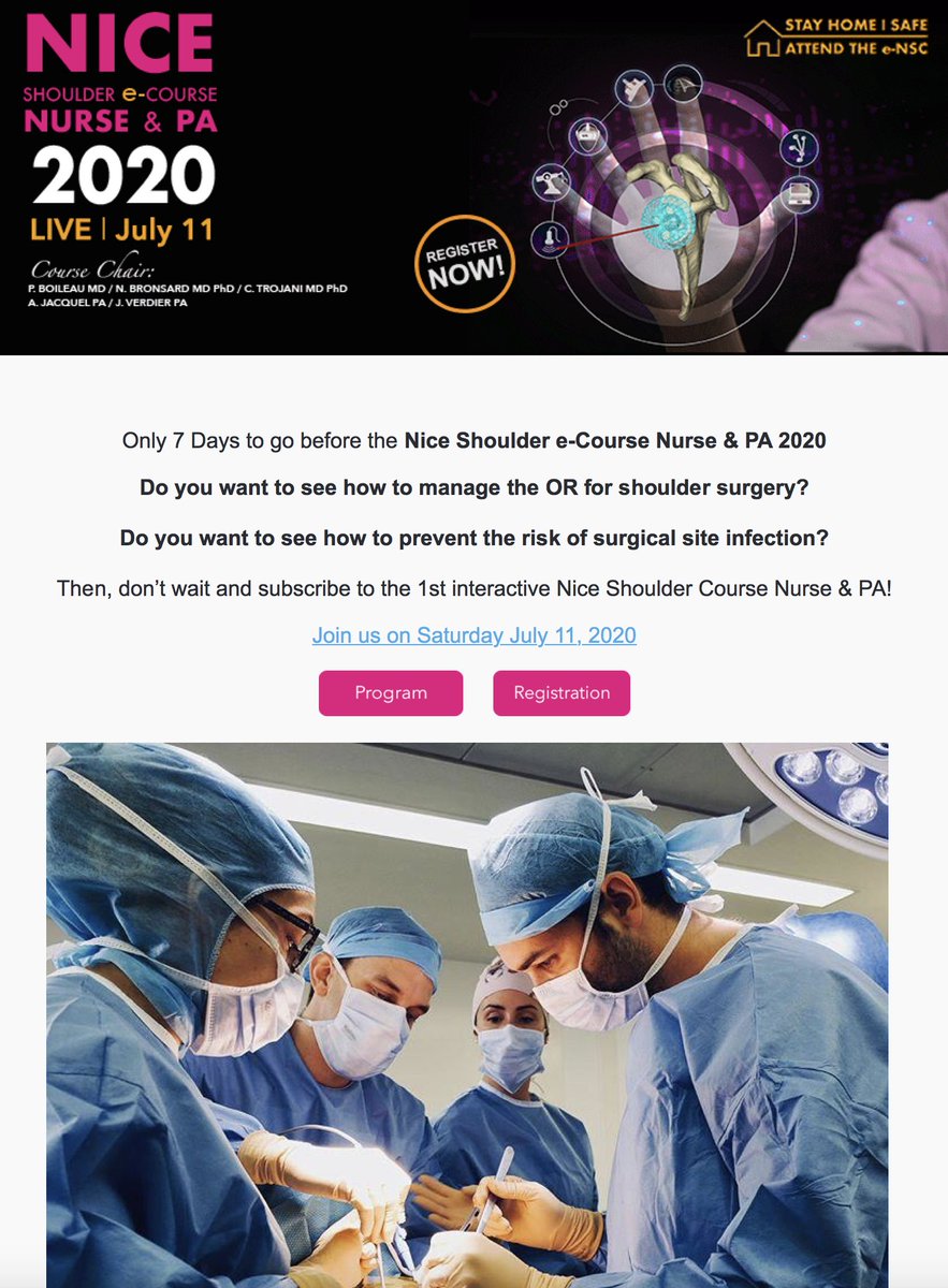 NSC_2020's tweet photo. Manage the OR for shoulder surgery and prevent the risk of surgical site infection ! Register for the Nice Shoulder e-Course NURSE & PA: https://t.co/CNZJ9VSmLi
#niceshouldercourse #niceshouldercoursenurseandpas https://t.co/YRcjaMnVPb