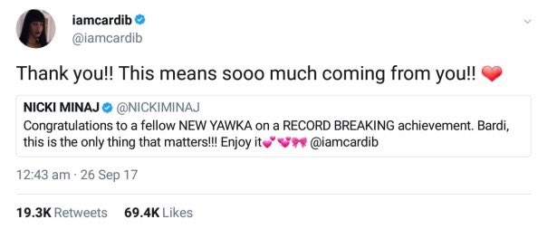 September 2017: Nicki Minaj congratulates Cardi B on her #1 record and Cardi responds