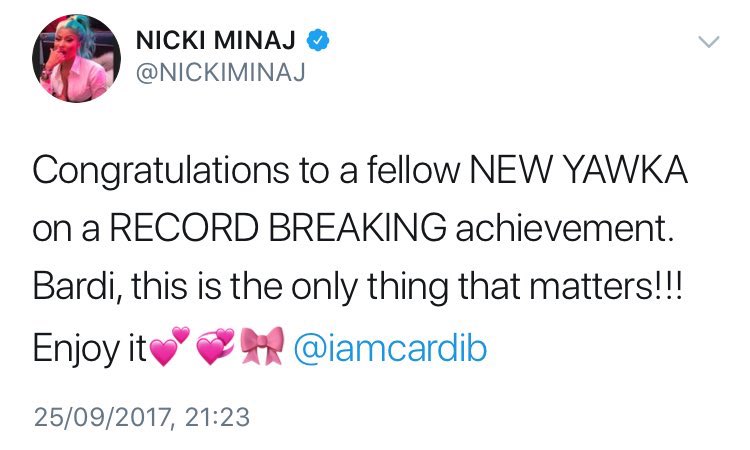 September 2017: Nicki Minaj congratulates Cardi B on her #1 record and Cardi responds