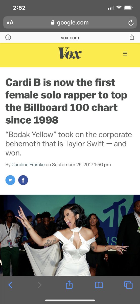 September 25, 2017: Cardi B’s “Bodak Yellow” rises from #2 to #1 on BBH100 knocking Taylor Swift’s “Look What You Made Me Do” out of the top spot. This makes her the 1st female rapper since Lauryn Hill 20+ years prior to reach #1 solo. Also reached #1 on Hip Hop & Rhythmic