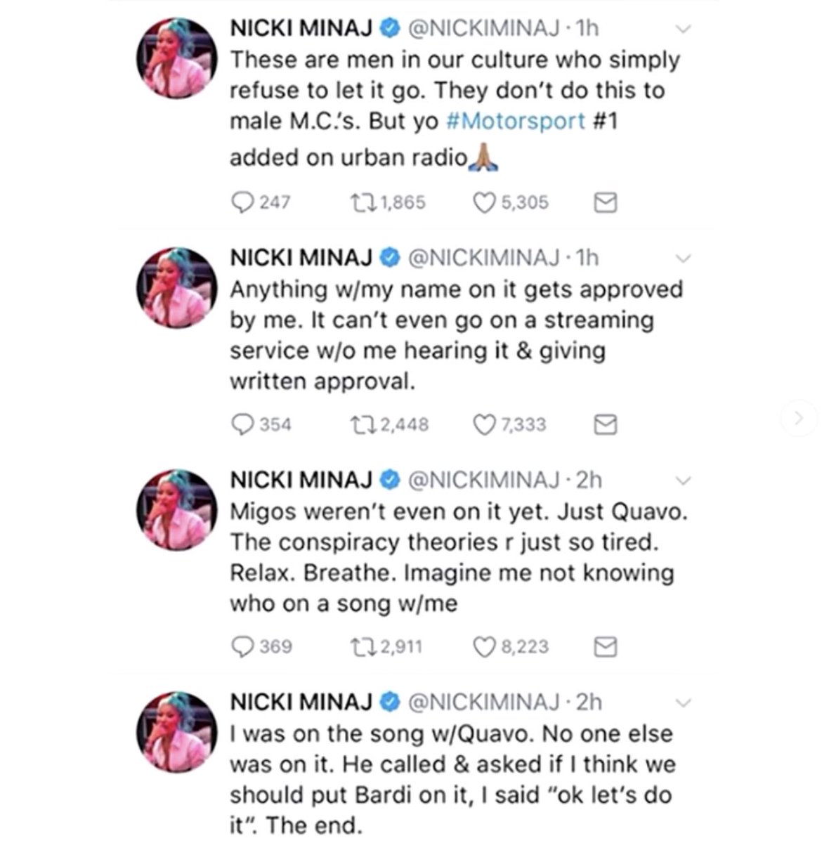 October 2017: Cardi B is asked about Nicki Minaj and if there is a beef. Cardi denies it. Nicki co-signs Cardi’s statement and goes into detail about how “Motorsport” came about.