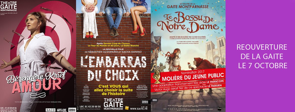 La_Gaite's tweet photo. 🌟🎭 BIENTÔT 🌟🎭
@La_Gaite rouvrira ses portes le 7 oct ac la nouvelle pièce de @SebastienAzzo et Sacha Danino : L'EMBARRAS DU CHOIX ! A l'affiche également LE BOSSU De NOTRE DAME (dès le 10 oct) et @BerengereKrief #AMOUR dès le 5 nov. A TRÈS BIENTÔT 💓
https://t.co/wTBBM59wJU https://t.co/UFX5DTj8k1