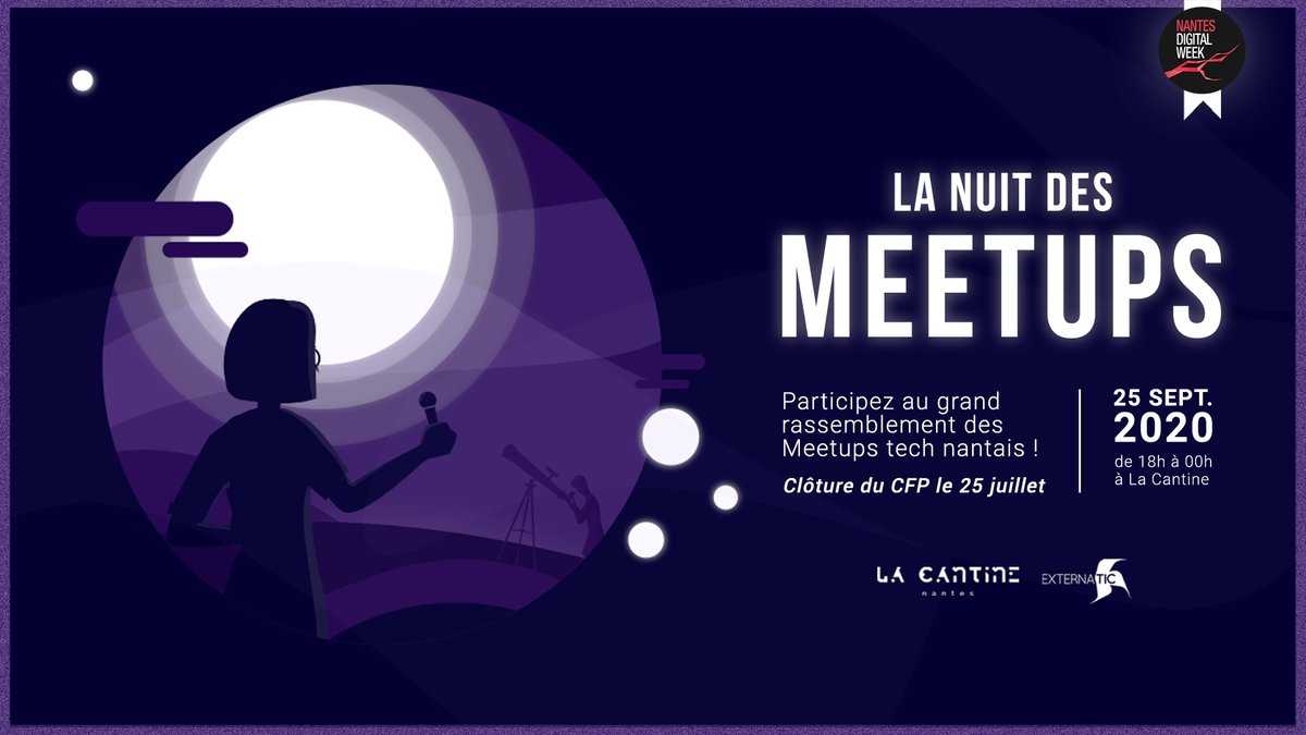 🌜Le 25 septembre à La Cantine, La Nuit des Meetups rassemblera les meetups tech tech de Nantes lors d'une grande soirée de conférences.
🎙️ 10 meetups ont déjà répondu présents ! Si vous voulez être de la partie, il est encore temps de proposer vos talks 👉conference-hall.io/public/event/B…