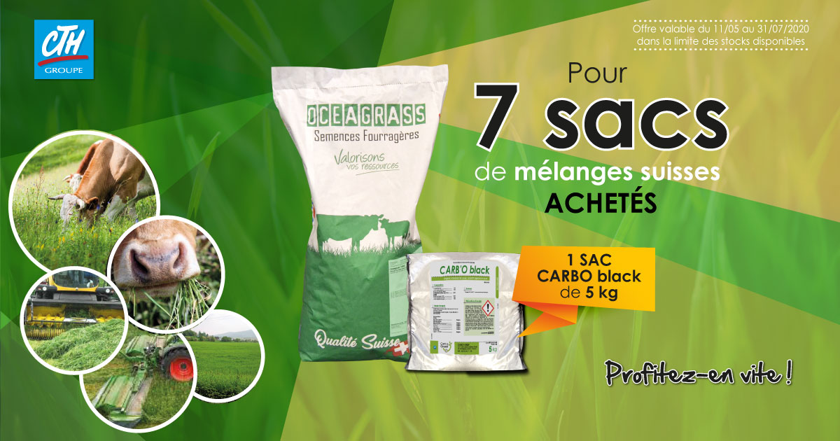 CTH_Agri's tweet photo. OFFRE EXCEPTIONNELLE ‼️
Profitez de notre offre sur les mélanges suisses #OCEAGRASS® jusqu'au 31 juillet. 🌱
Pour 70 kg de #semences achetées, un sac de CARB'O BLACK pour la croissance de la prairie.
1 sac convient pour 2 hectares de prairie. 🙌
 #agriculture #élevage https://t.co/zcWEHB7300