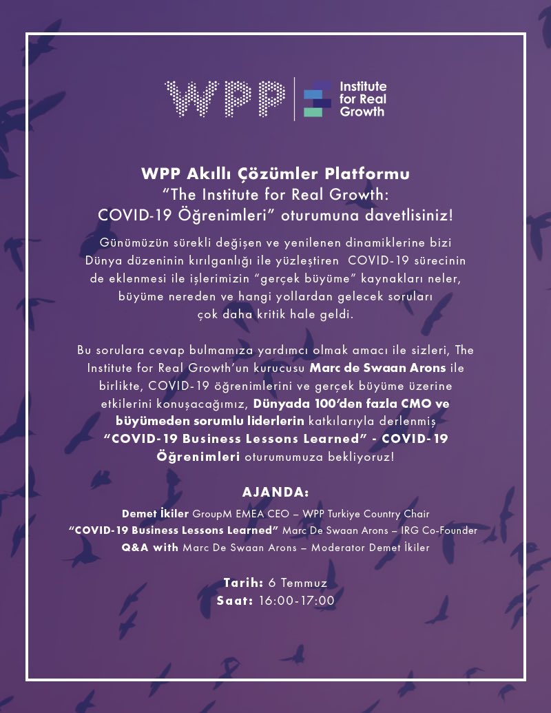 Mindshare Turkey (@mindshareturkey) on Twitter photo 6 Temmuz’da WPP Akıllı Çözümler Platformu’nda WPP’nin kar amacı gütmeyen büyüme enstitüsü IRG’yi yeniden ağırlıyoruz.
İletişim için: merve.guler@wpp.com 6 Temmuz’da WPP Akıllı Çözümler Platformu’nda WPP’nin kar amacı gütmeyen büyüme enstitüsü IRG’yi yeniden ağırlıyoruz.
İletişim için: merve.guler@wpp.com
