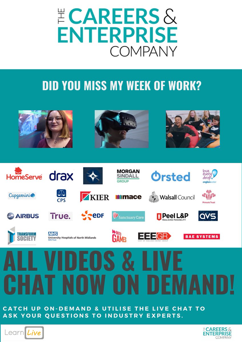 LearnLiveUK's tweet image. FANTASTIC NEWS!

Our My Week of Work videos are now available on-demand!

If you missed ANY of our videos, catch up below:

learnliveuk.com/my-week-of-wor…

@CareerEnt #MyWeekOfWork