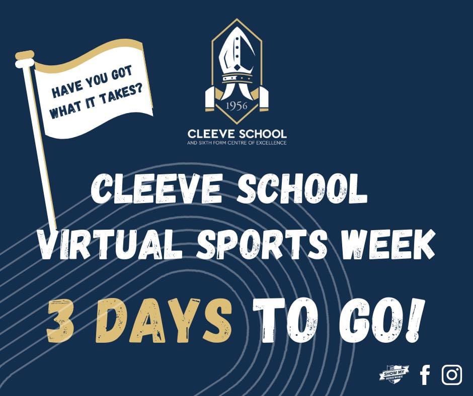 3 DAYS TO GO!👟

Have you got what it takes?

Get involved!🎽

#VirtualSportsWeek2020
#TeamCleeve