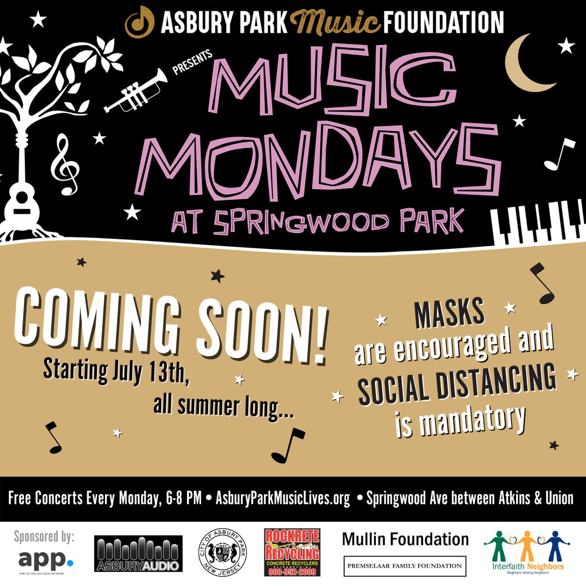 We’ve got a BIG announcement to kick off your weekend! Music Mondays will return to Springwood Park starting Monday, July 13!  Masks are encouraged at all shows and social distancing will be mandatory. #APMF #WeAreAsburyPark #WhereMusicLives #WhereMusicGives #MusicSavedAsburyPark