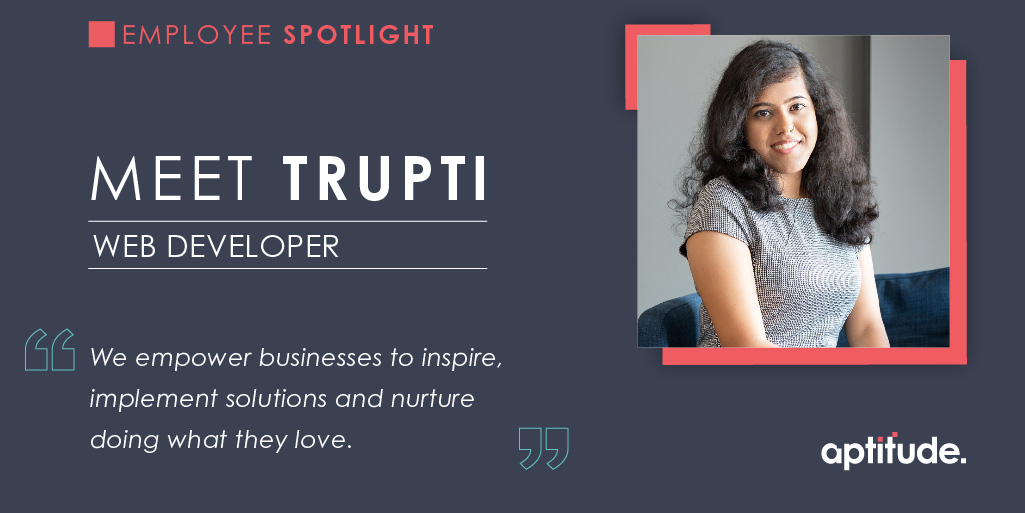AptitudeDigital's tweet photo. We want to give a shout out to our Web Developer, Trupti Nayak. Trupti is approaching her one year anniversary and has helped us create beautiful experiences through HTML, CSS and her positivity is infectious. Read her full interview on our Facebook page: https://t.co/pFXx4IiJkP https://t.co/m3u4LACxrg