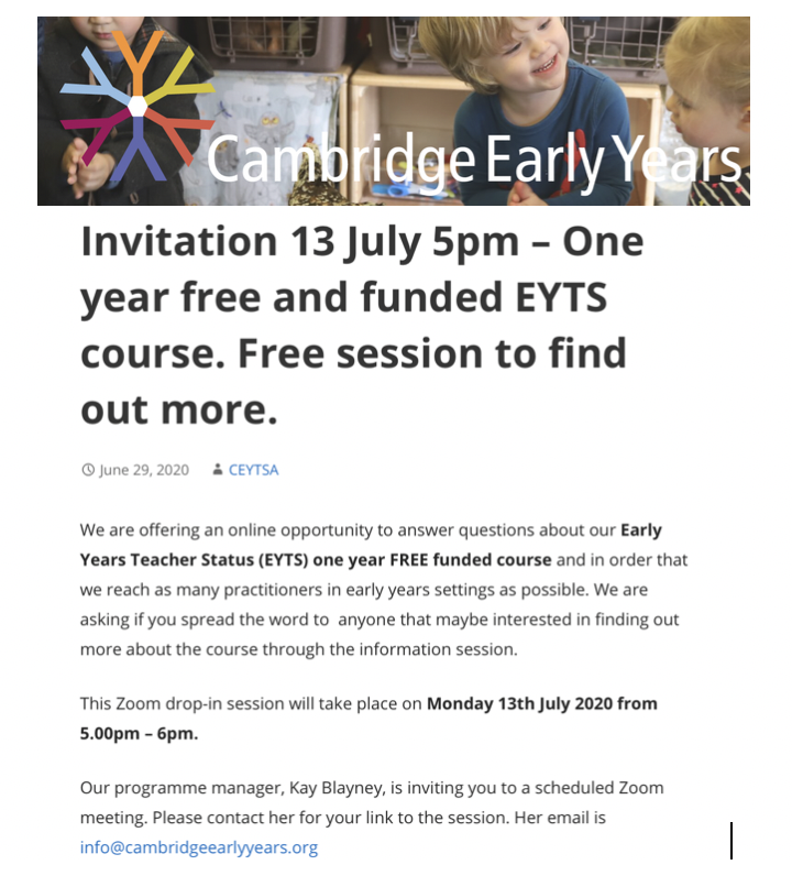 CambridgeEYs's tweet photo. It is back - our last session was so well attended that we are having another Zoom session for information about EYTS. @cambseyc @CamEdFac @CAP_Edu_ please retweet and share https://t.co/2NArOIQoUR