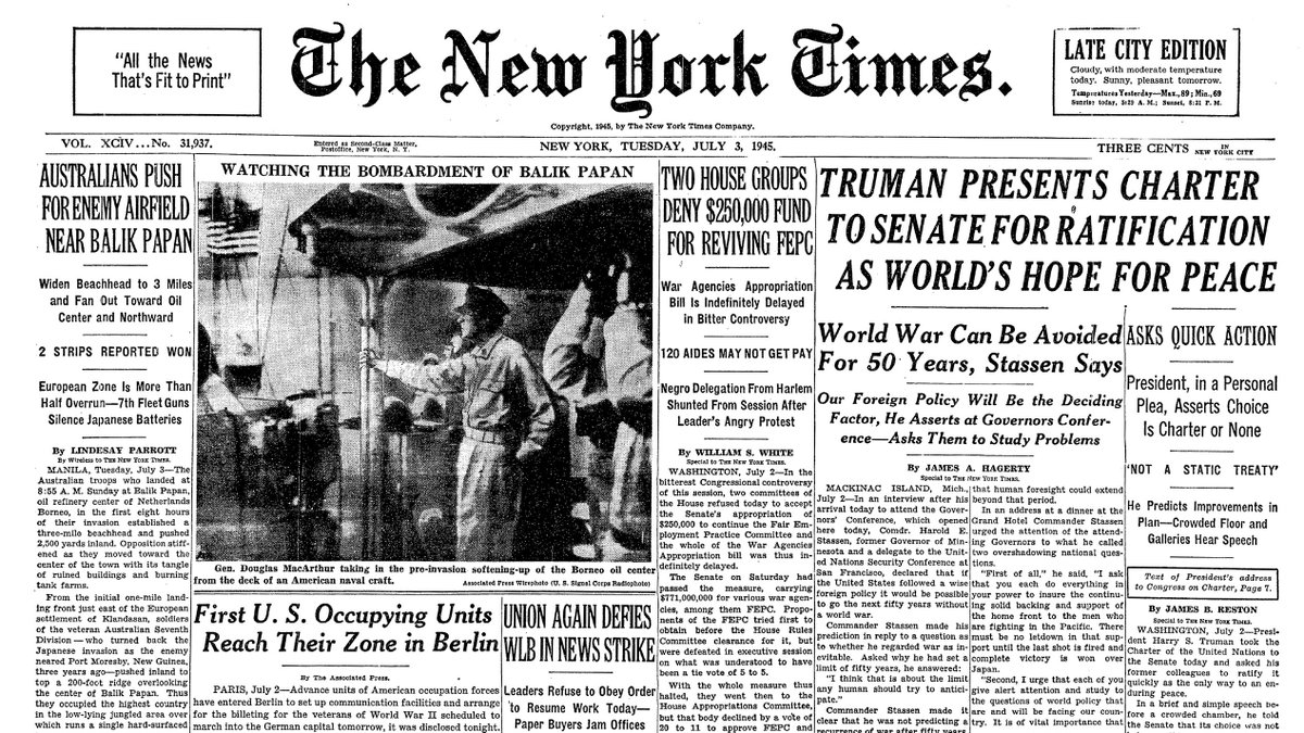 July 3, 1945: Truman Presents Charter to Senate for Ratification as World's Hope for Peace  https://nyti.ms/3inoErX 