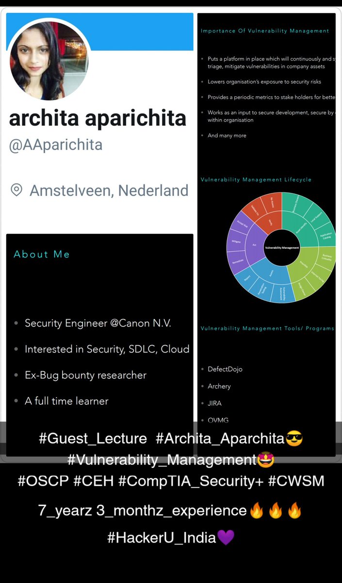 charan4jessy's tweet image. #awesome_session by @AAparichita
On #Vulnerability_Managment🤩Thankq_so_much..🤗
Special thanks to @swaroopsy 😎 @AzazRedhat
@yogendraswaroop for making this happen..... #cybersecuritymentor
#HackerU_India💜