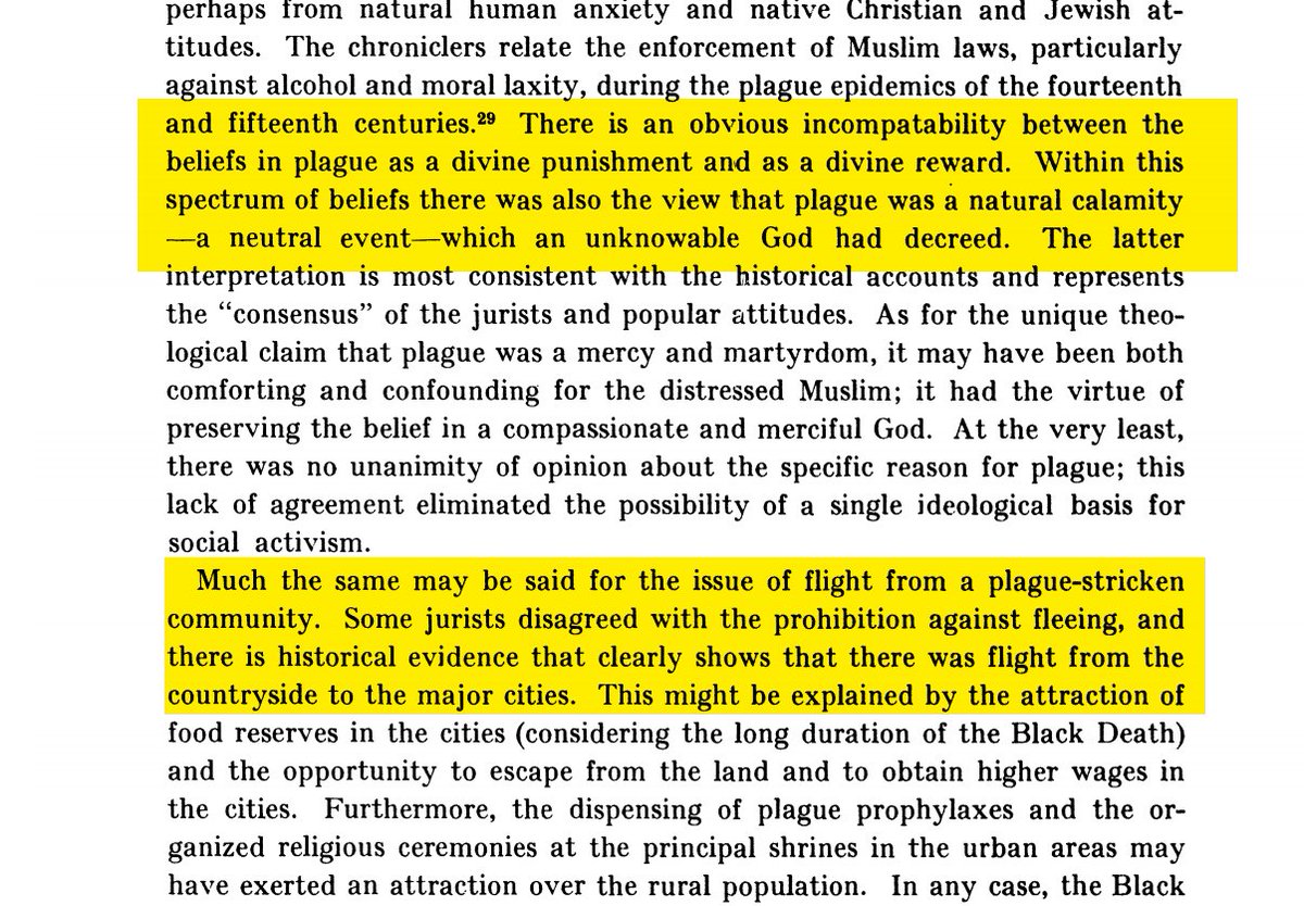 Dols argues that Muslims saw it as a martyrdom, while Christians saw it as a punishment for sin. (these are, ofc, generalizations and many many exceptions occur, such as Andalusian scholar Ibn al-Khatib, who argued the plague was contagious) 6/20