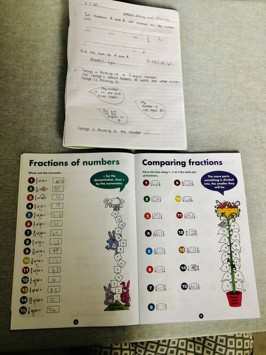 amysweeting's tweet photo. Maths done ✅  We also managed to do some more fractions work from Leo’s year 3 workbook. Super, super proud mum here - he’s been working so hard🌟 now time for a little play before English ☺️ @TownvilleIS @tis_halstead https://t.co/TEDpC4TaKM