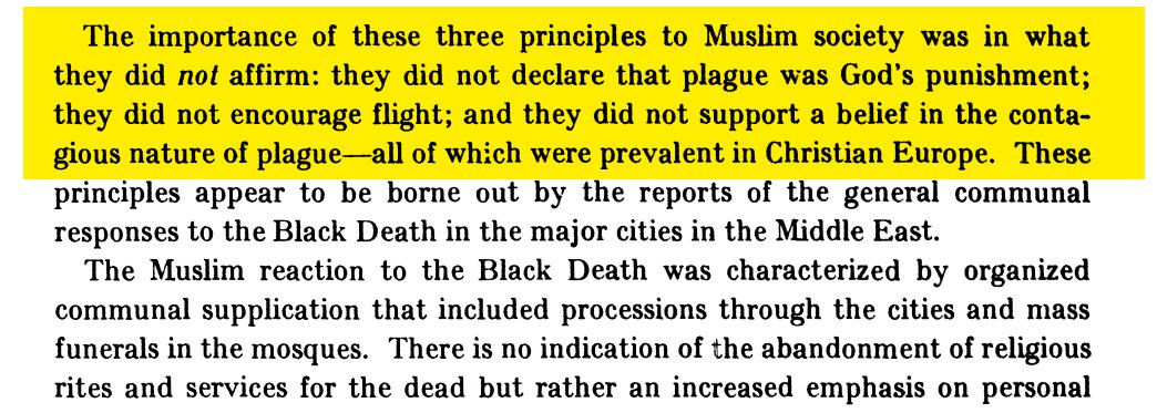 As Michael Dols has pointed out in his account of comparative Christian and Muslim responses to the plague, Christians saw it as a contagion sent by God and often fled from it, while Muslims saw it as a curse sent by God and remained in place. Boccaccio and Al-Wardi show this. 5