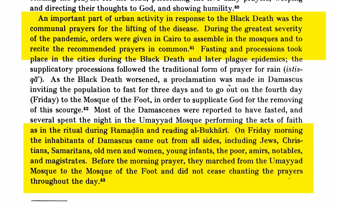 Importantly, Muslim societies did not blame minorities for the plague, and did not practice the violent atrocities that Christians committed when they massacred Jewish communities during the plague. Instead, Muslim communities practiced communal, interfaith prayer. 7/20