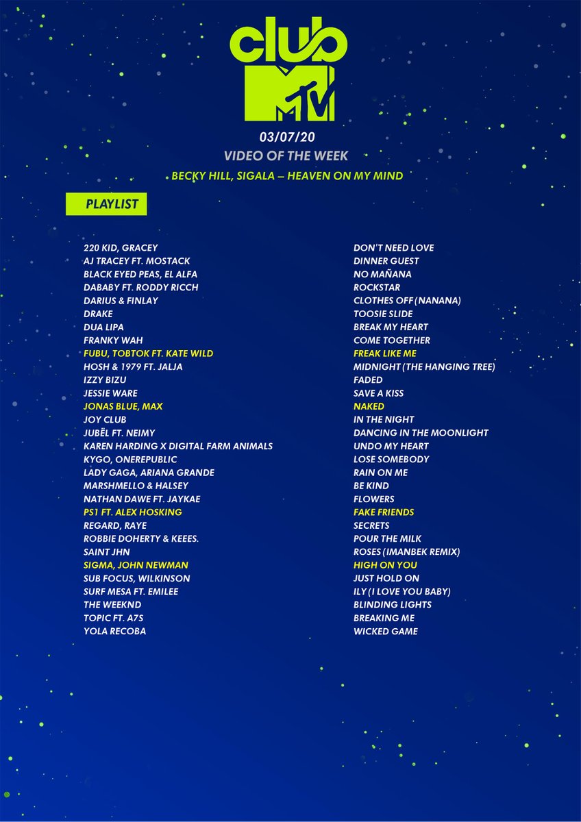 Make way for this week's <a href="/ClubMTV/">Club MTV</a> playlist ft tunes on rotation from....
<a href="/BeckyHill/">Becky Hill</a> 
<a href="/SigalaMusic/">Sigala</a> 
<a href="/Tobtok/">Tobtok</a> 
<a href="/katewildmusic/">K A T E ⚡️ W I L D</a> 
<a href="/JonasBlue/">Jonas Blue</a> 
<a href="/MAXMusic/">MAX</a> 
<a href="/ps1music/">PS1</a> 
<a href="/musicbyalex/">Espy</a> 
<a href="/sigmahq/">SIGMA</a> 
<a href="/JohnNewmanMusic/">johnnewmanmusic</a> 
Full playlist >>> fal.cn/38X9D 🎉