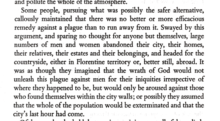 Al-Wardi describes clearly that Muslims and others living in Syria did not flee, and that they stayed bc of their "noble tradition" of belief. Boccaccio states that many fled "callously" if they could (including the main characters of his story!). 8/20