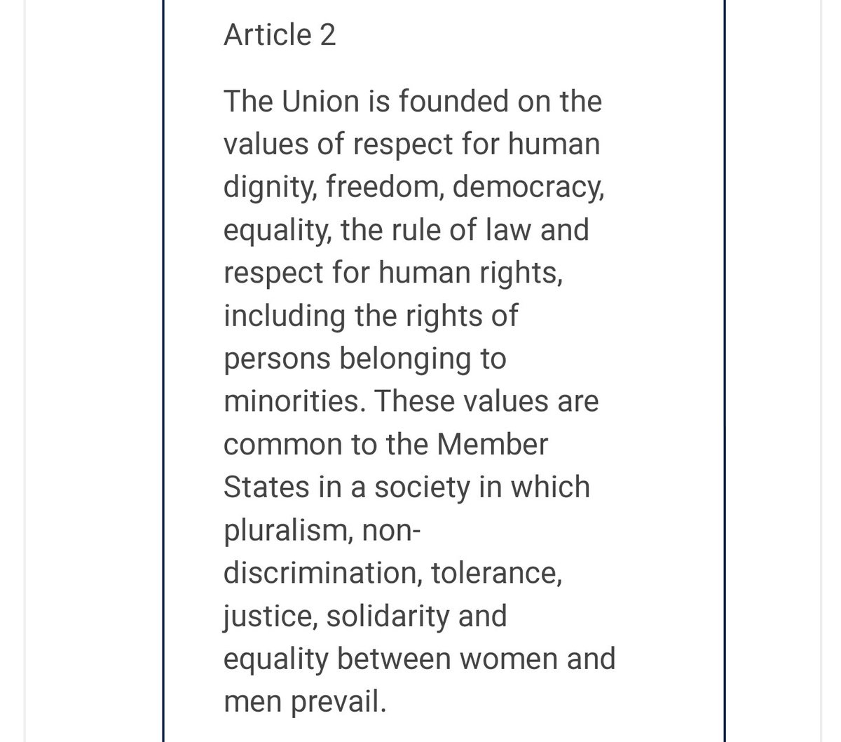 Kyruer's tweet photo. I'm pretty sure @vonderleyen has not read the Articles 2 and 3 of the 'Treaty on the European Union'.
An European Union that does not defend the rights of human beings is totally unuseful and should then not even exist.
Link: https://t.co/nb57VpEFXl https://t.co/7k6ndy7yMX