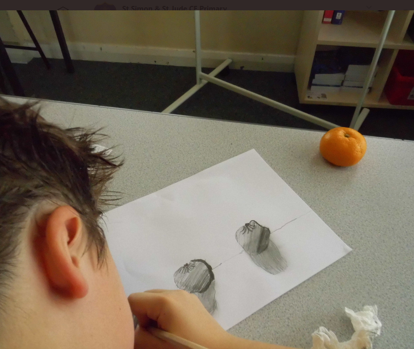 HighamRISE's tweet photo. We have been practising using our drawing pencils to make shapes look 3-d by shading & adding shadows. As this week is our 🧡 week, it made sense to have a go at sketching 🍊#KeyworkerGroupA #art https://t.co/nBLPwIymhH