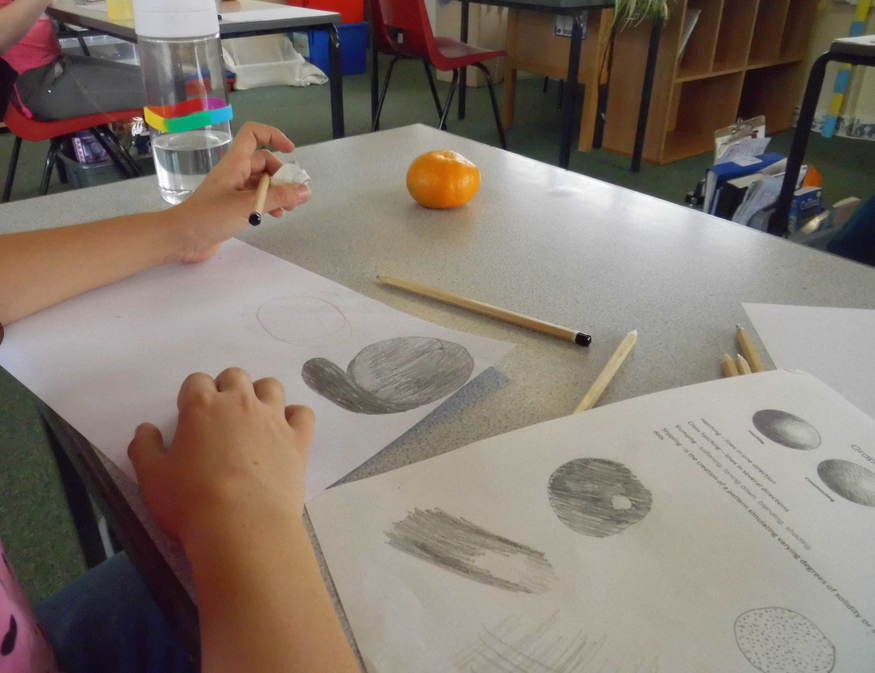 HighamRISE's tweet photo. We have been practising using our drawing pencils to make shapes look 3-d by shading & adding shadows. As this week is our 🧡 week, it made sense to have a go at sketching 🍊#KeyworkerGroupA #art https://t.co/nBLPwIymhH