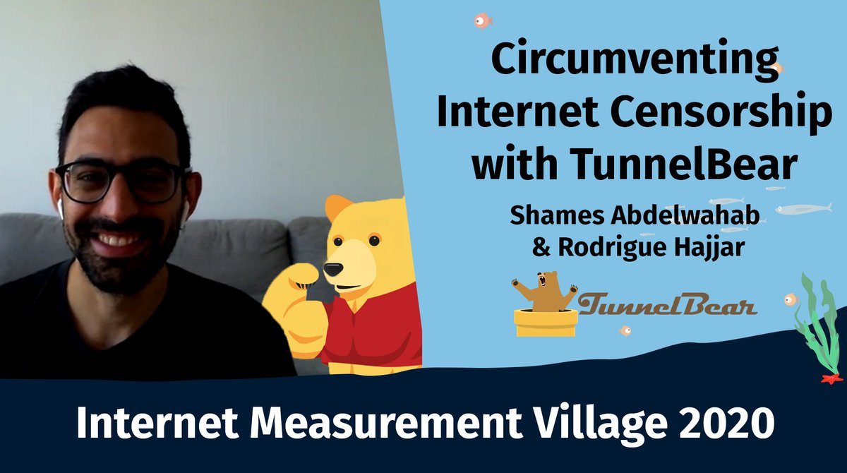 OpenObservatory's tweet photo. Yesterday Shames Abdelwahab &amp; @rodrigue_ gave a presentation on circumventing Internet censorship with @theTunnelBear! ✨🐙✨

Watch the live-stream here: https://t.co/5S2UltE3nr

#imv2020 https://t.co/2sxoQSMubt