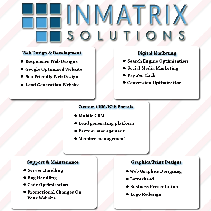 InMatrixSoluti1's tweet photo. #webdesign #customcrm #support #maintenance #graphics #printdesigns #letterhead #bughandling #serverhandling #codeoptimisation #logoredesign #payperclick #seo #inmatrixsolutions https://t.co/WA3B8IiaY0