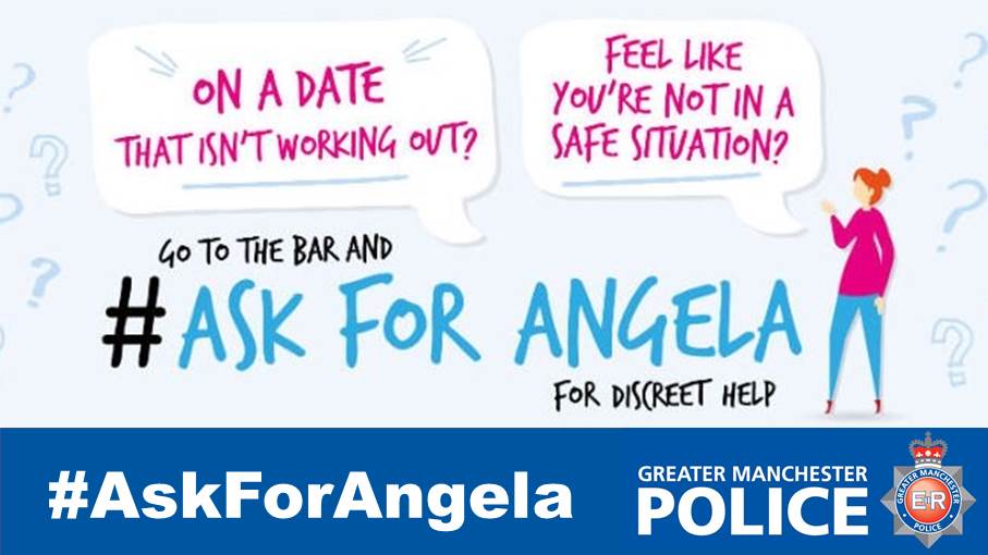 GMPCityCentre's tweet photo. Are you on a date that isn’t working out?
Do you feel like you’re not in a safe situation?
Date not who you thought they were?
Does it feel a bit weird?
ASK FOR ANGELA at the bar, staff will act discreetly, knowing you need help getting out of a situation. 
#AskForAngela https://t.co/vsOTSX76or