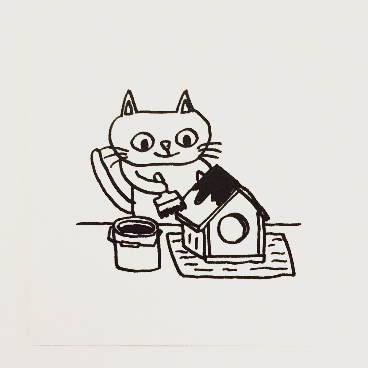 肌子 今日のイラストはコレ ｪ 小鳥の巣箱にペンキを塗る猫 イラスト 猫 ネコ ねこ オリジナル ペン画 アナログ画 絵 猫の絵 白黒猫 白猫