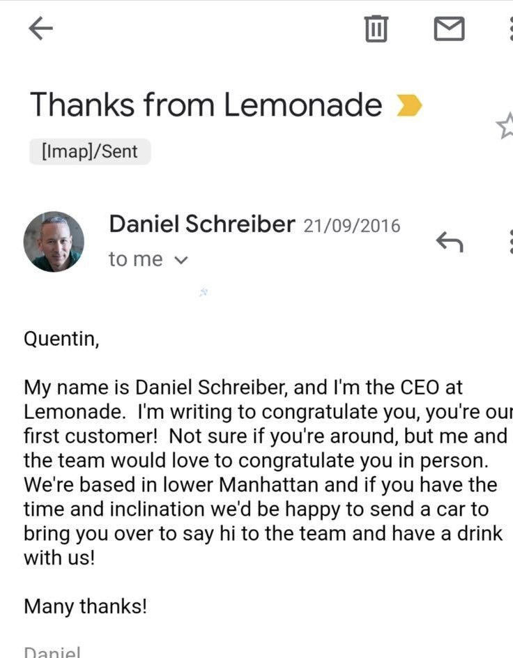 Qover's tweet photo. Epic!
4 years ago, we bought THE FIRST EVER @Lemonade_Inc #Insurance CONTRACT as a mystery shopper!
Thank you @daschreiber for inviting us to celebrate this first contract together back in the days!
Congrats on your historic IPO!🥂
#InsurTech #HackingInsurance https://t.co/PqHvWsl5UT
