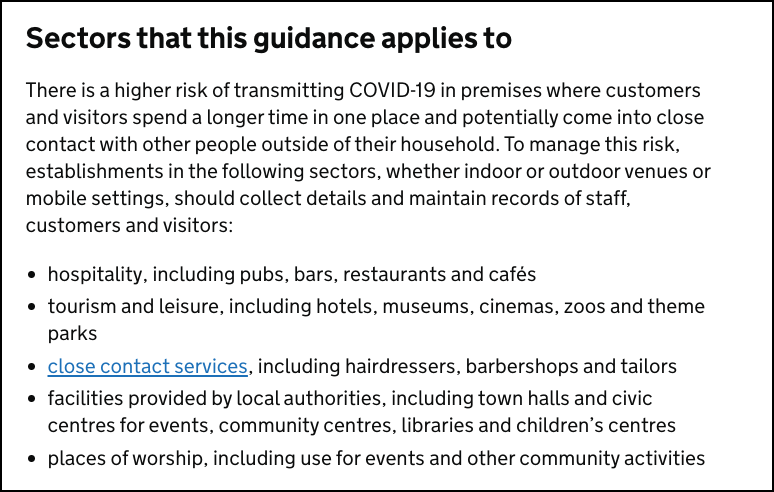 2 July. The  @DHSCgovuk issues guidance on 'Maintaining records of staff, customers and visitors to support NHS Test and Trace'.The guidance applies to pubs, restaurants, cafes, hotels, museums, places of worship ....Those to whom the guidance applies are expected to: